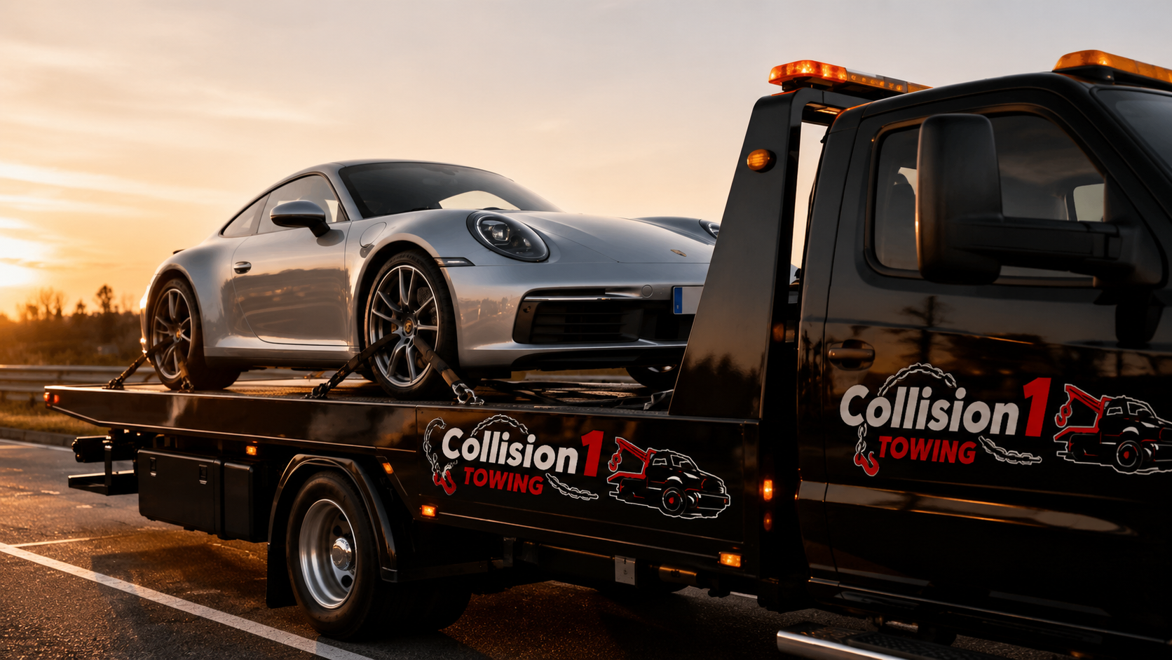 Flatbed towing a luxury sports car in Seattle