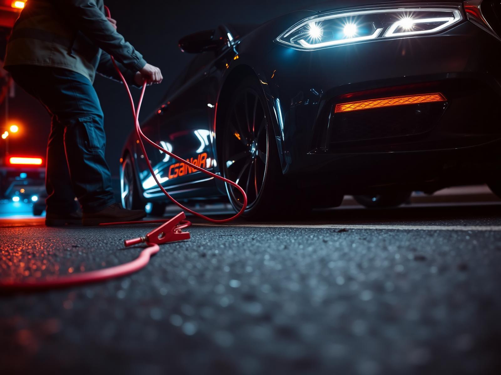 Jump starting a car battery at night