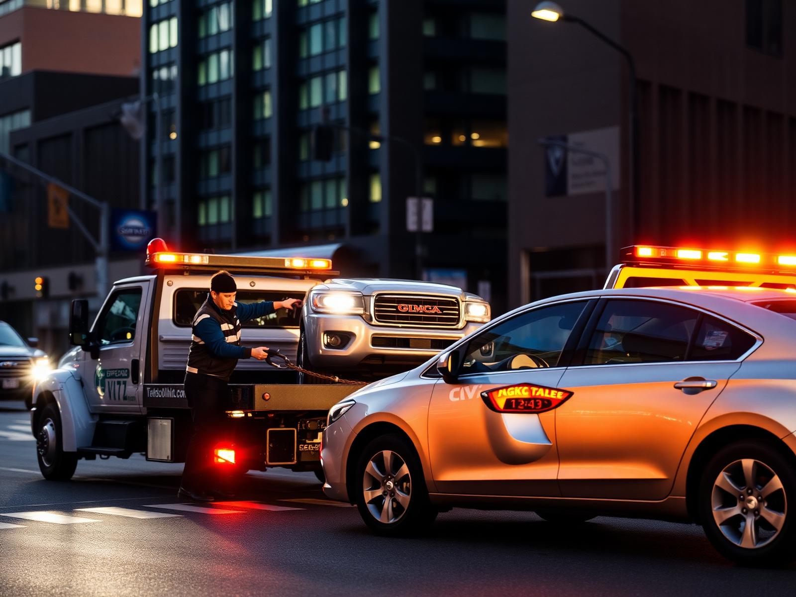Light duty tow truck assisting a car in the city