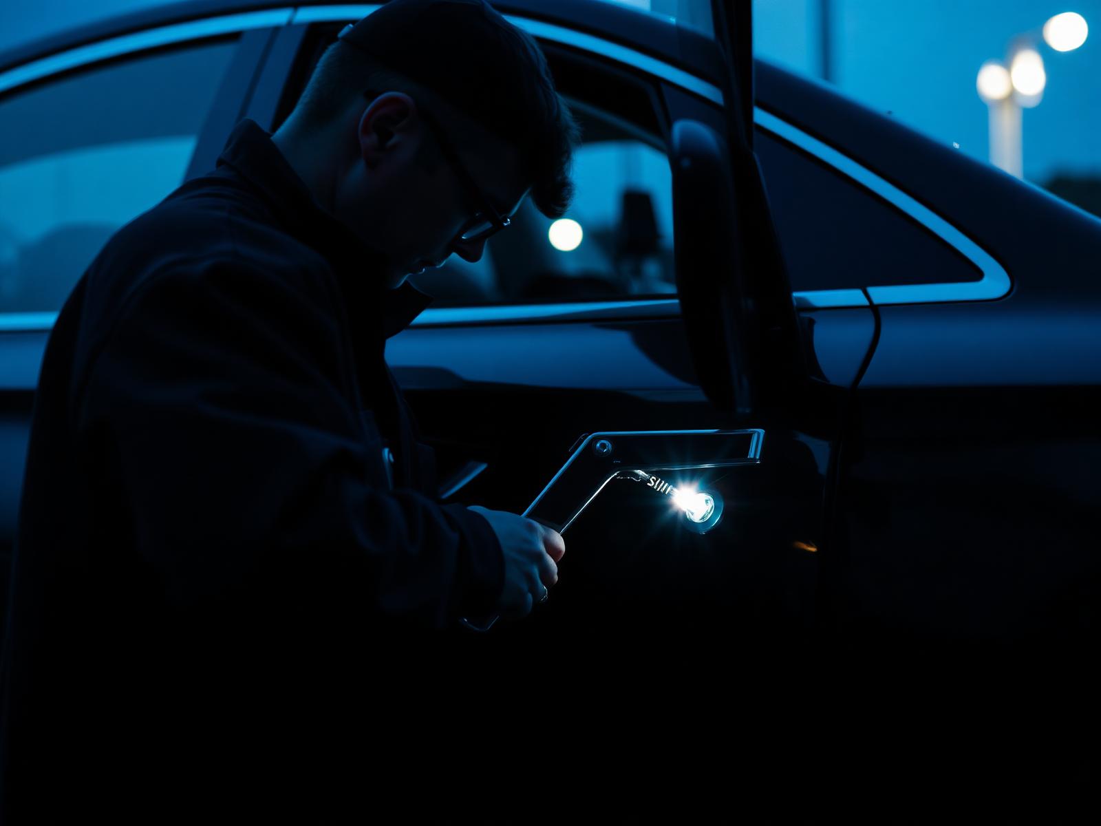 Technician unlocking a car door with a flashlight at night
