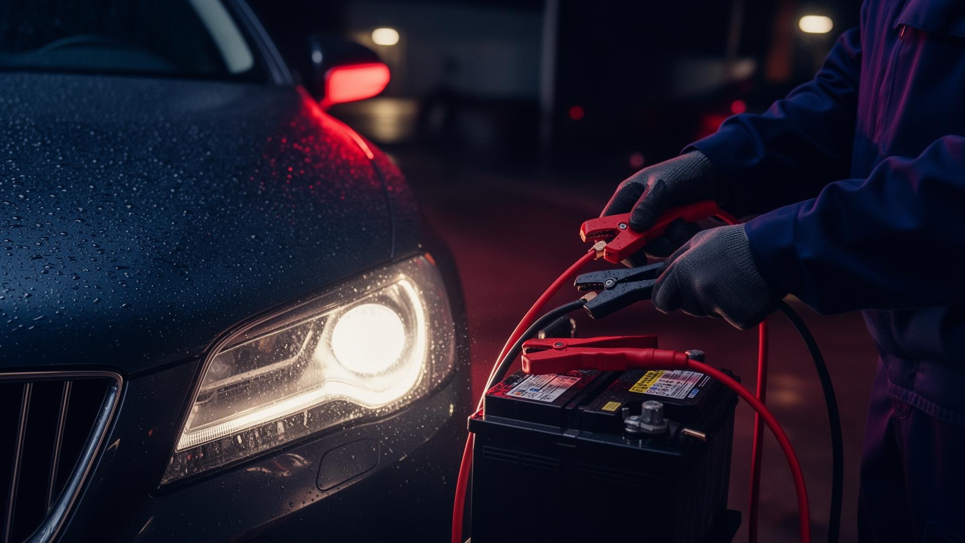 Roadside assistance technician helping a driver at night